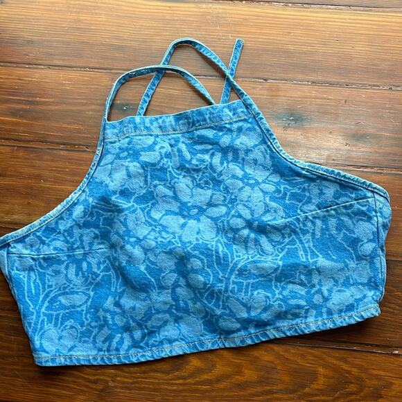 H&M floral print denim jean lace up back closure high neck cropped festival top - Picture 1 of 4